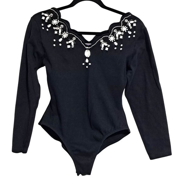 Y2K Bejeweled Bodysuit Womens M Black Long Sleeve Scalloped Neck & Snap Closure - Picture 1 of 8